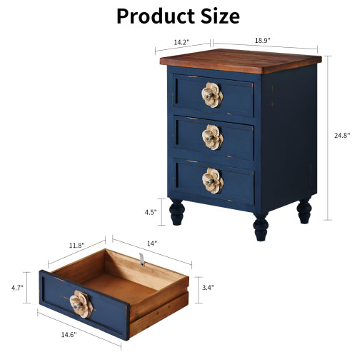 Navy Distressed 3-Drawer Farmhouse Nightstand