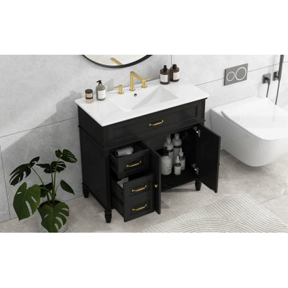 36" Bathroom Vanity with Sink, Black Bathroom Cabinet with Drawers, Solid Frame and MDF Board, One Package