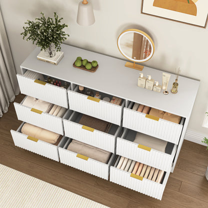 White 9 Drawer Dresser, 63" Large Deep Chest of Drawers, Wooden Dresser Storage Cabinet with 9 Drawers for Bedroom, Long Dressers for Living Room, Hallway, Drawer panel with wavy patterns
