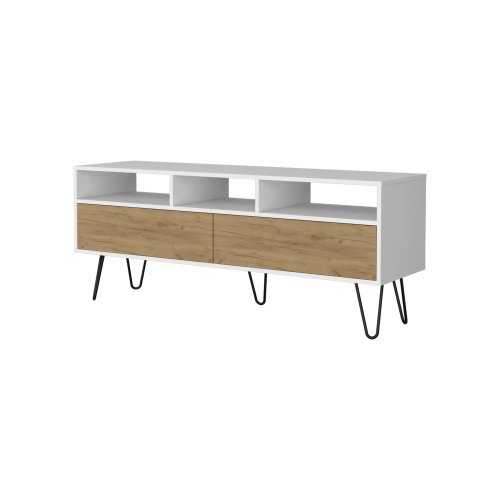 White and Natural Oak 54 inch TV Stand with Open Shelves and Storage