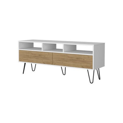 White and Natural Oak 54 inch TV Stand with Open Shelves and Storage