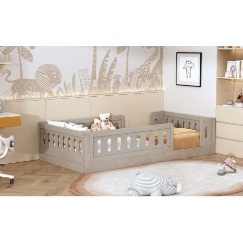 Wood Twin Size Platform Bed with Guardrail, Natural