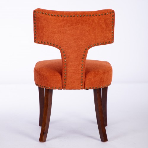 Set of 2 Orange Linen Mid-Century Farmhouse Dining Chairs, Copper Nail Curved Back Walnut Solid Wood Legs 300lbs Capacity