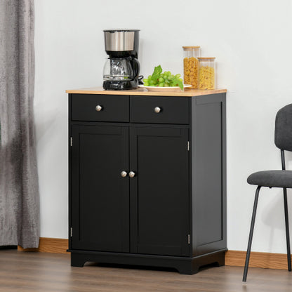 Sideboard with Solid Wood Countertop, Modern Kitchen Storage Cabinet, Coffee Bar Cabinet with 2 Drawers, Doors and Adjustable Shelf, Black