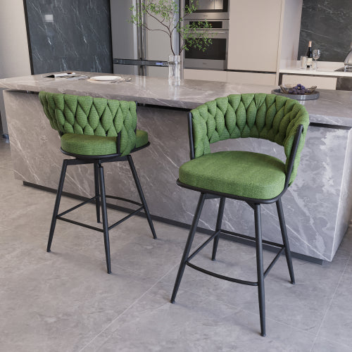 26inch Bar Chair Linen Woven Bar Stool Set of 2,Black legs Barstools No Adjustable Kitchen Island Chairs,360 Swivel Bar Stools Upholstered Bar Chair Counter Stool Arm Chairs with Back Footrest (Green)