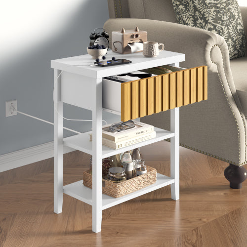 Set of 2 Fluted Nightstands with Charging Station, Farmhouse Side Table with Drawer and Open Shelves