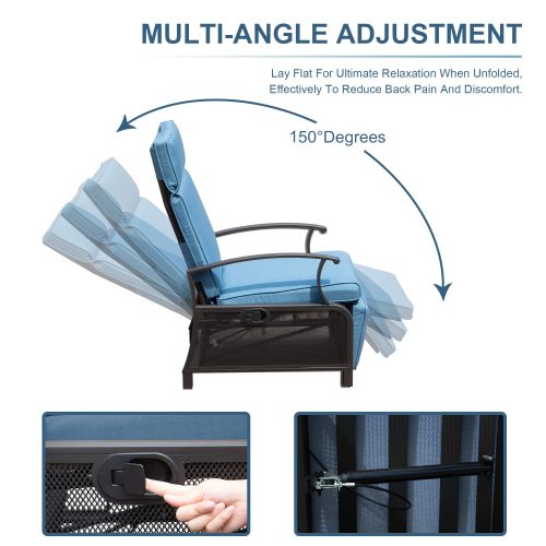 Adjustable Patio Recliner Chair Metal Outdoor Lounge Chair with Flip Table Push Back, Adjustable Angle, Removable Cushions, Support 350lbs, Navy Blue