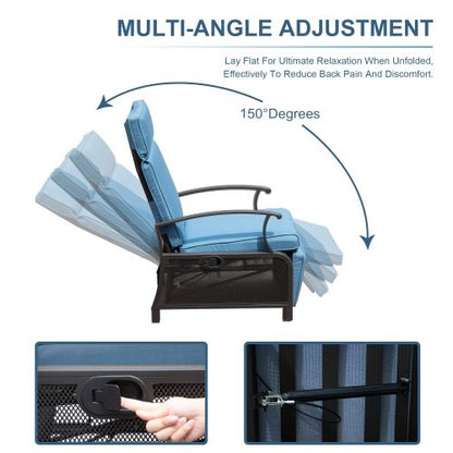Adjustable Patio Recliner Chair Metal Outdoor Lounge Chair with Flip Table Push Back, Adjustable Angle, Removable Cushions, Support 350lbs, Navy Blue