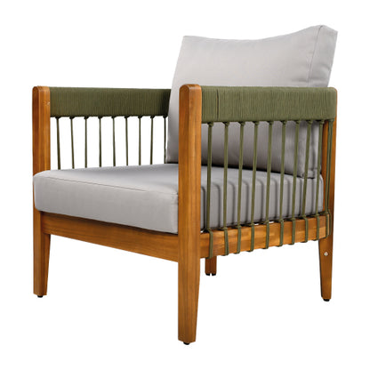 Acacia Wood Outdoor Club Chair with Handwoven Rope Accents & Curved Backrest - Water-Resistant Boho Patio Lounge Chair with Removable Cushions for Porch, Garden