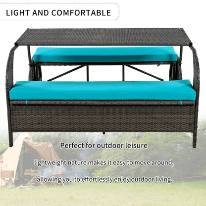 U_STYLE 2-in-1 Convertible Picnic Upholstered Bench Table,57.1" Outdoor Loveseat,Portable Picnic Table Couch,Convertible To 4 Seats&1 Table,For Garden,Lawn,Backyard,Porch,Patio