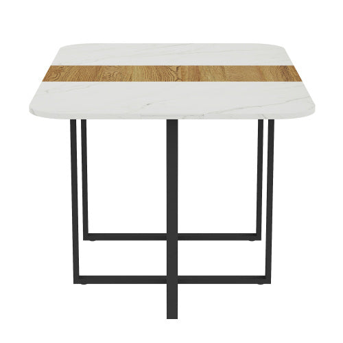 Modern Dining Table for 4-6 with Faux Marble Top and Walnut Accent