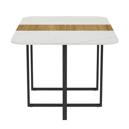 Modern Dining Table for 4-6 with Faux Marble Top and Walnut Accent