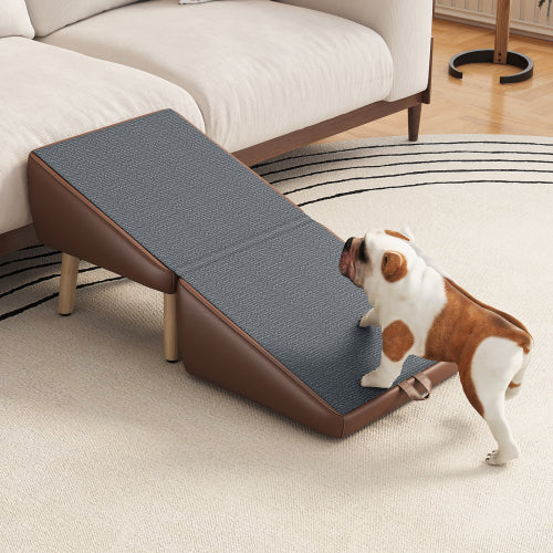 Brown Upgraded 2-in-1 Foldable Wooden Pet Ottoman Dog Ramp, Split Design Pet Steps for Small Dogs & Cats