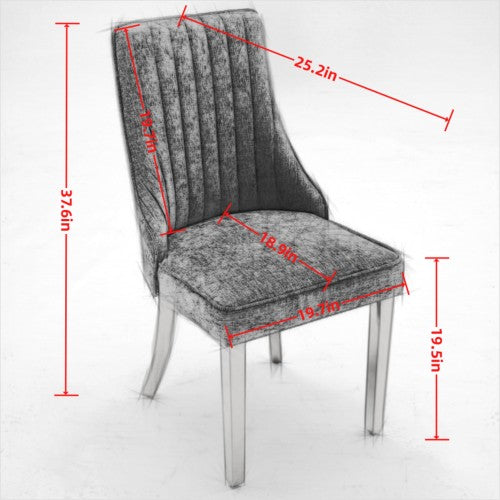 Set of 2 Gray Rayon Flocking Chenille Dining Chairs, High Back, Triple Elastic Cushion, Golden Plated Stainless Steel Legs
