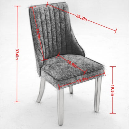 Set of 2 Gray Rayon Flocking Chenille Dining Chairs, High Back, Triple Elastic Cushion, Golden Plated Stainless Steel Legs