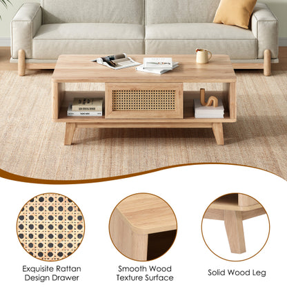 Coffee Table, Mid Century Living Room Tables with Storage, Modern Square with Rattan Drawer, Wooden Living Room Table with Solid Wood Leg