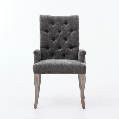 Upholstered Chenille Arm Dining Chair, Tufted Accent Chair with Curved Solid Wood Legs, Gray, Single Pack