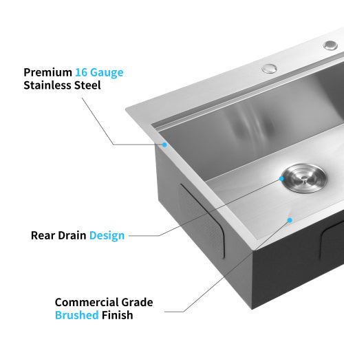 33x22x10"Drop-in Single Bowl Stainless Steel Kitchen Sink with Workstation