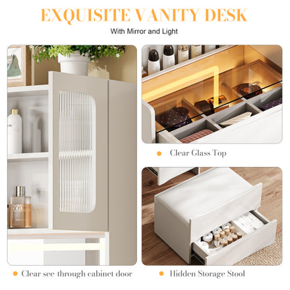 3-in-1 Vanity Table with LED Mirror & Storage Stool, Flip Top Makeup Desk, 5 Storage Spaces, Adjustable Lights, White