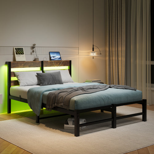 Full Size  Metal Bed Frame with Wooden Headboard, RGB Lights,  Charger, Storage Shelf, Noise-Free, No Box Spring Needed,Rustic Brown