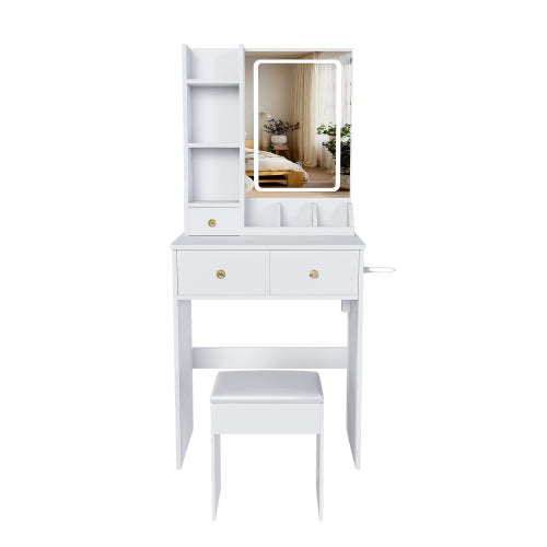 White Small Vanity Desk w/ 3-Color LED Mirror, 3 Drawers, Open Shelves, Power Outlet, Hair Dryer Holder & Chair