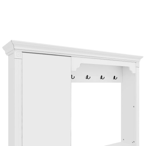 54.7 inch Hall Tree with Integrated Shoe Cabinet and Mirrored Cabinet Door, Coat Hanger, Entryway Bench, 4-in-1 Design, 2 Flip Drawers, 4 Hooks and 2 Cabinets for Entrance,Living Room