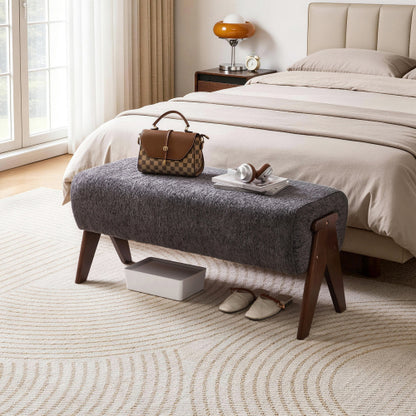 Modern Decorative Chenille Fabric Bench, Ergonomic Padded Entry Bench with Solid Wood Legs, Upholstered Ottoman Bench for Foyer Bedroom Living Space