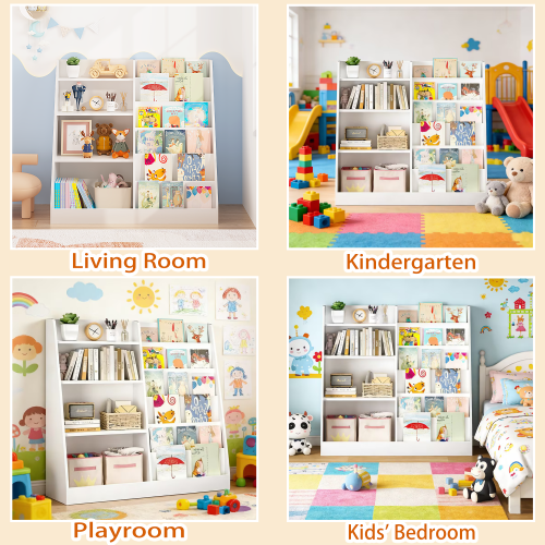 White 4-Tier Multi-functional Kids Wooden Bookshelf, MDF 2-Shelf 1-Bin Toddler Bedroom Storage Organizer