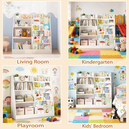 White 4-Tier Multi-functional Kids Wooden Bookshelf, MDF 2-Shelf 1-Bin Toddler Bedroom Storage Organizer