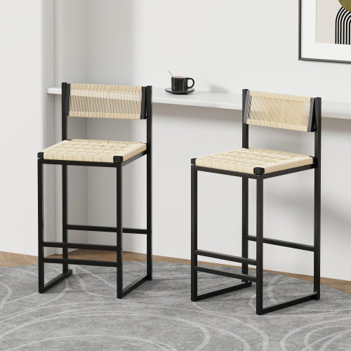 Set of 2 Woven Bar Stools with Backrest Paper Rope Weave Dining Chairs for Kitchen Island (Style B Black & Creamy White)
