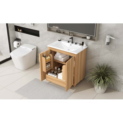 30" Bathroom Vanity with Sink Combo, Multi-functional Bathroom Cabinet with Doors and Drawer, MDF Board, Natural