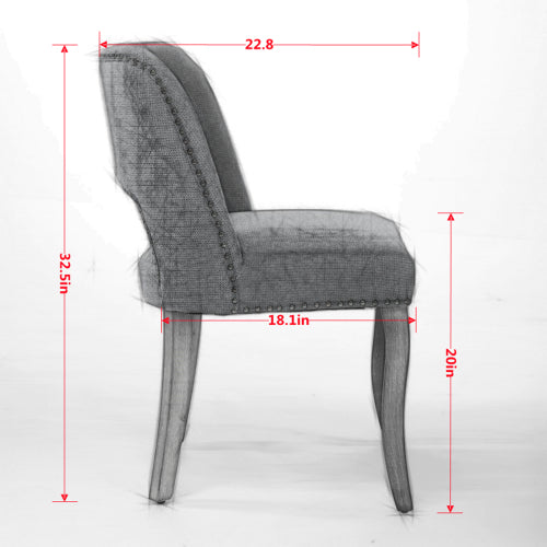 Set of 2 Beige Hollow Curved Enveloping Back Fabric Dining Chairs, Handmade Copper Nail Curved Solid Wood Legs