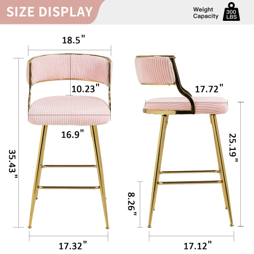 (SET of 2) 26inch  Counter height bar stools Corduroy kitchen island counter bar stool with back,golden chromed base and footrest (PINK)