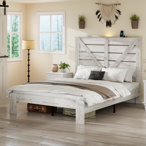 Queen Bed Frame Headboard , Wood Platform Bed Frame , Noise Free,No Box Spring Needed and Easy Assembly Tool,Large Under Bed Storage,White