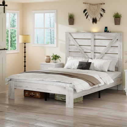 Queen Bed Frame Headboard , Wood Platform Bed Frame , Noise Free,No Box Spring Needed and Easy Assembly Tool,Large Under Bed Storage,White
