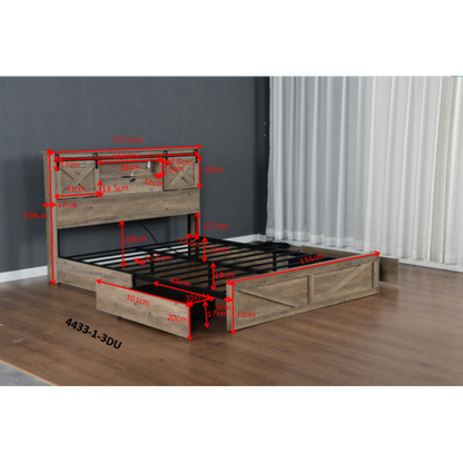 Farmhouse Bed Frame Queen Size with LED Lights and Charging Station, Wooden Queen Bed with 2 Storage Drawers, Rustic Headboard with Sliding Barn Door Storage Cabinets