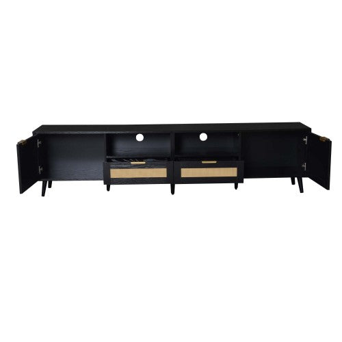 78.74 Inch Farmhouse Rattan TV Stand Solid Wood Leg Media Console Supports 85 Inch TV
