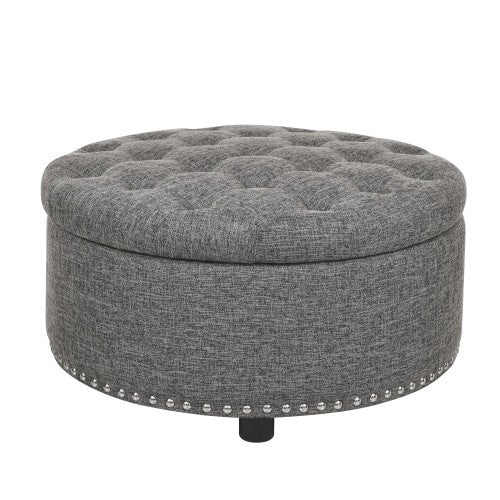 Ottoman Tufted Storage Ottoman with Linen Upholstery and Nailhead Trim