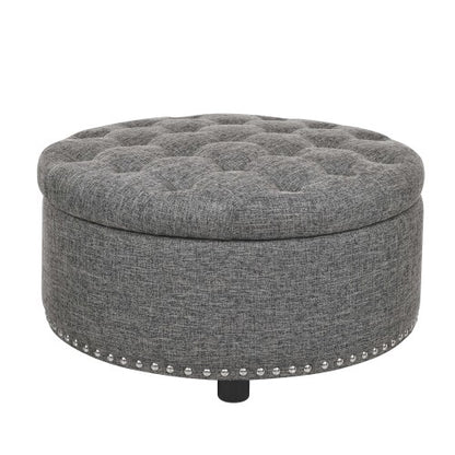 Ottoman Tufted Storage Ottoman with Linen Upholstery and Nailhead Trim