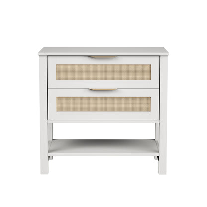 White Rattan 2-Drawer Nightstand with Shelf, Boho Style