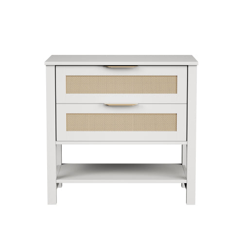 White Rattan 2-Drawer Nightstand with Shelf, Boho Style