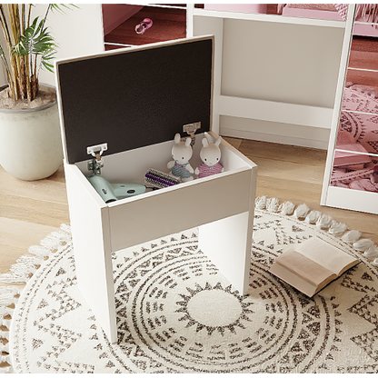 Vanity Desk with Glass Top and 11 Hollywood Bulbs, 3 Color Lighting Modes, Makeup Vanity with Pink Finish Drawers & Shelves, White Vanity Table with Stool for Bedroom