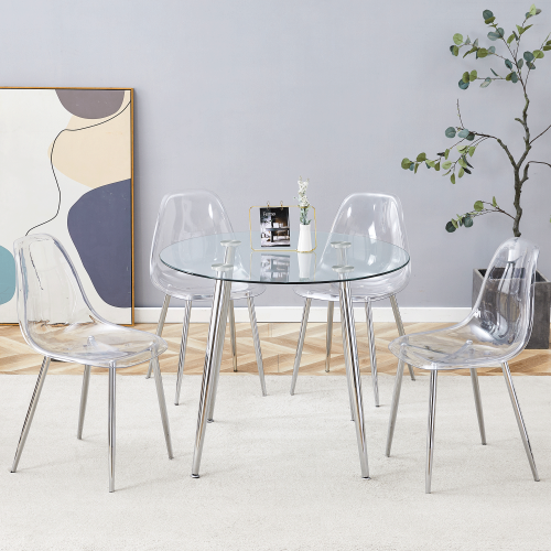 5-Piece Modern Round Glass Dining Set, Transparent Tempered Glass Table & Chairs with Silver Metal Legs