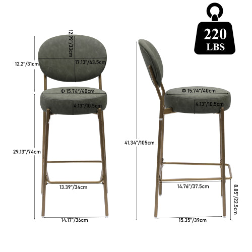 29inch  H Seat Height Upholstered Bar Stools Set of 2 Faux Leather Counter Dining Stool with Golden Legs Modern Round Kitchen Chairs (Green)