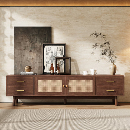 70.87 inch Dark Brown PE Rattan TV Stand 4 Drawer Pine Leg Media Console Fits Up To 80 Inch TV