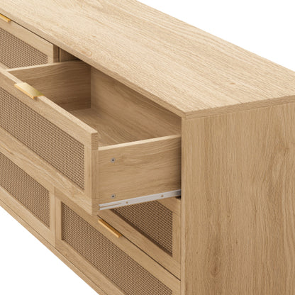 Natural Tone 6-Drawer Rattan Storage Cabinet Anti-Tipping Design Household Bedroom Living Room Multi-Functional Drawer Chest