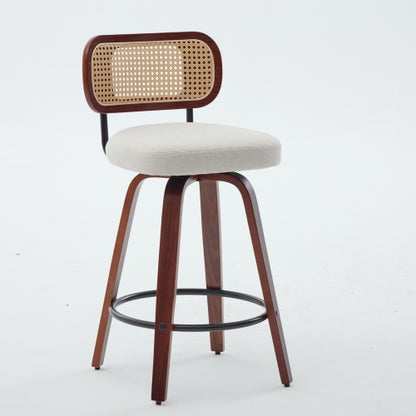 Set of 3, 26-Inch Counter Height Bar Stools - Walnut Black, Cane Rattan Back, Beige Linen Upholstered Seat, Swivel Design for Kitchen Island/Bar/Counter