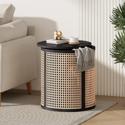 Round Rattan End Table, 15.7 Inch Woven Side Table with Rubber Wood Top, Small Nightstand for Living Room Bedroom, Black