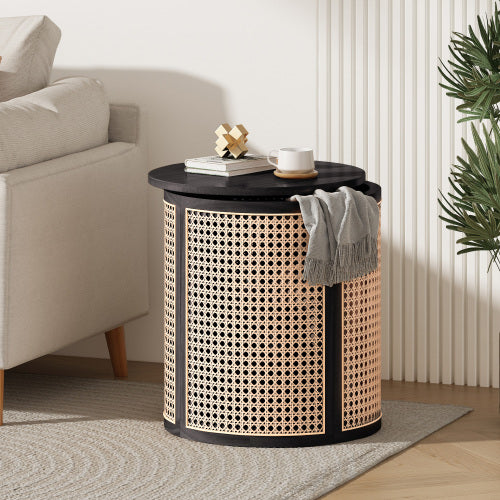 Round Rattan End Table, 15.7 Inch Woven Side Table with Rubber Wood Top, Small Nightstand for Living Room Bedroom, Black