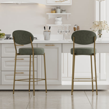 29inch  H Seat Height Upholstered Bar Stools Set of 2 Faux Leather Counter Dining Stool with Golden Legs Modern Round Kitchen Chairs (Green)